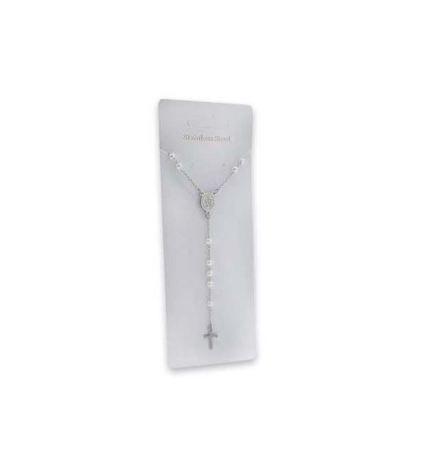 ROSARIO ACERO Y PERLAS 60 CM