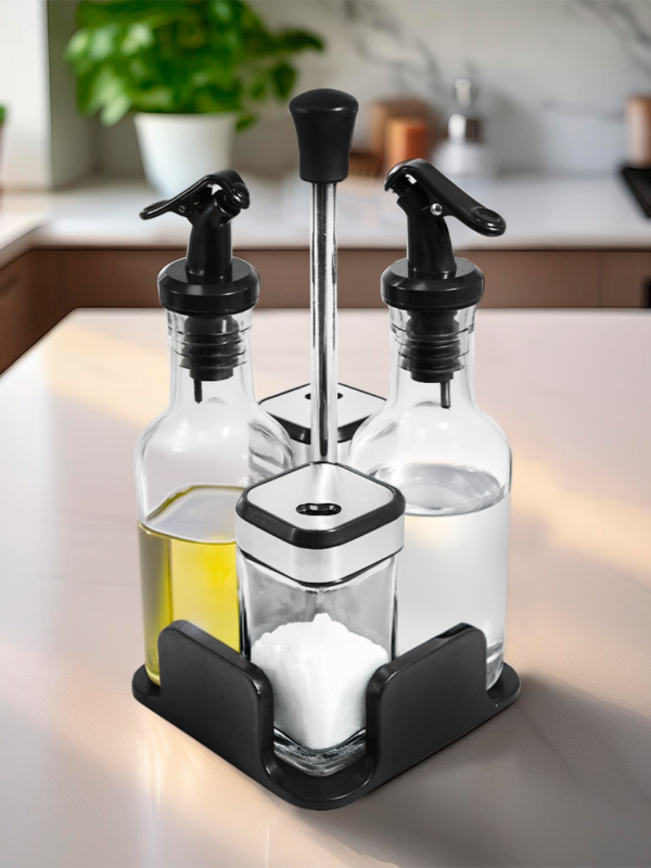 l (4) CONDIMENTERO DISPENSADOR 4PZ SOPORTE NEGRO