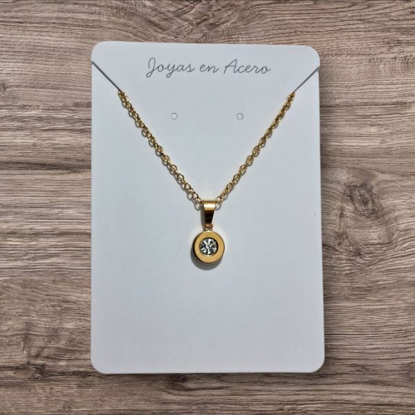 COLLAR ACERO DORADO DIJE PIEDRA BLANCA COLLAR PUNTO DE LUZ BLANCO Y ACERO DORADO