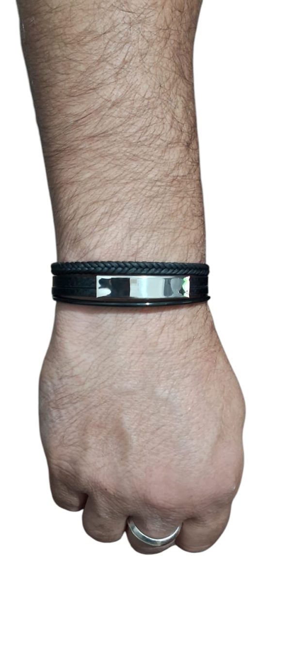 PULSERA DE ACERO Y SIMIL CUERO TRENZADO